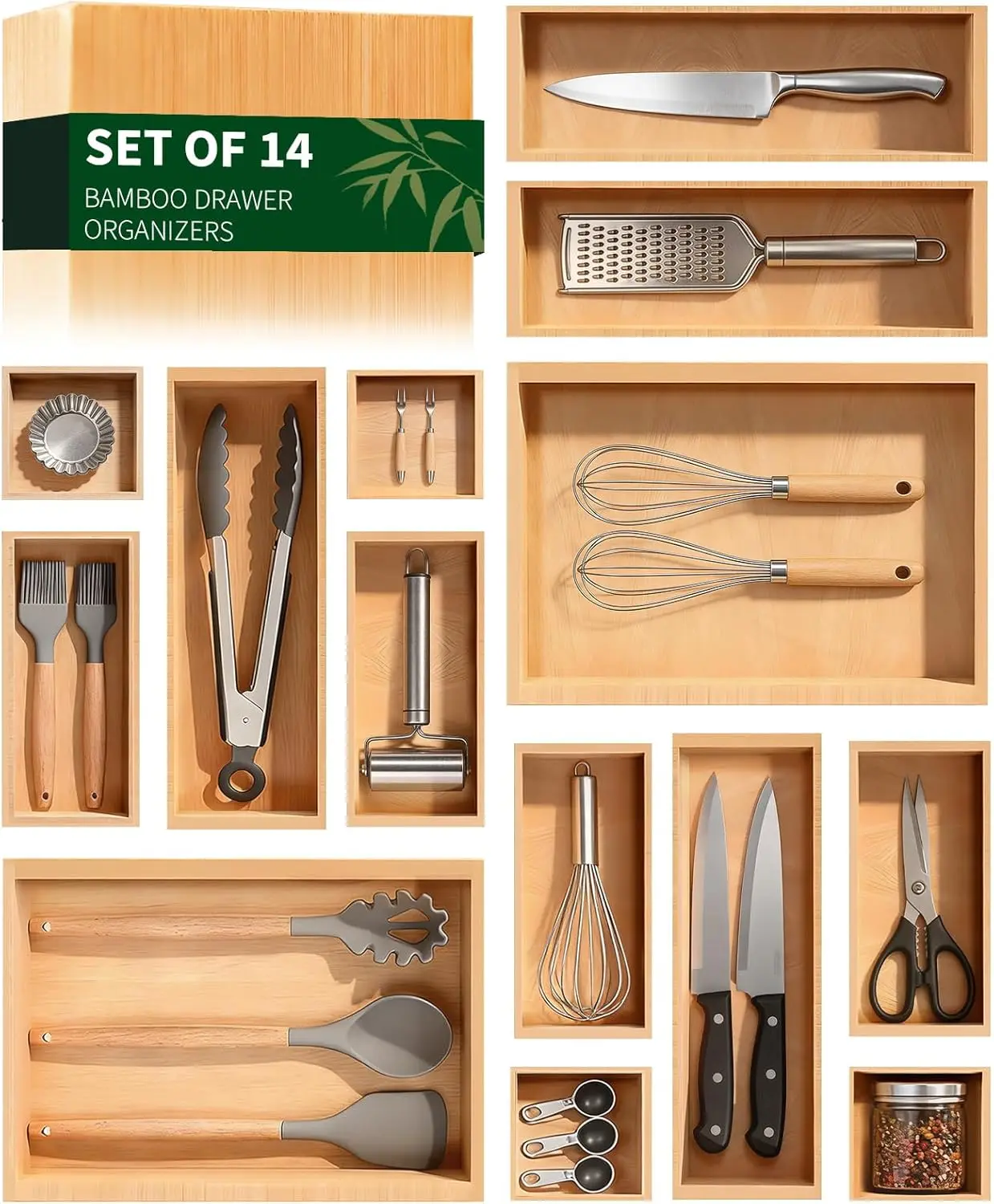 

Bamboo Drawer Organizer 14 Pcs for Kitchen, Office, Jewelry, Cosmetics, Multi-purpose Storage Dividers, Wooden Drawer Dividers