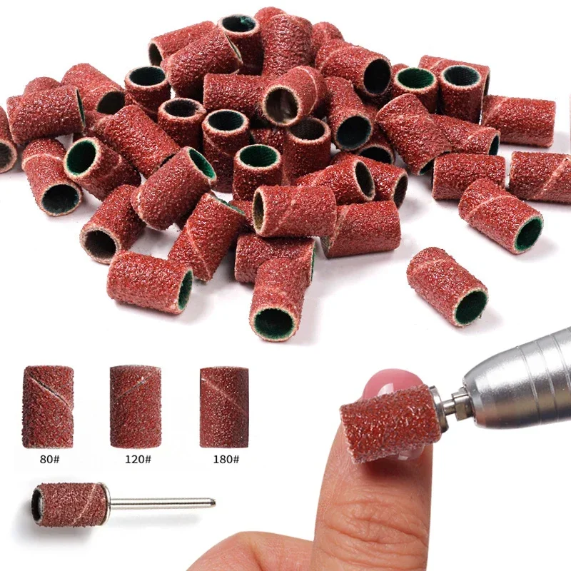 100/50Pcs Sanding Cap Bands For Electric Manicure Machine Nail Drill Grinding Bit Files 180/120/80 Grit Nails Pedicure Tool Set