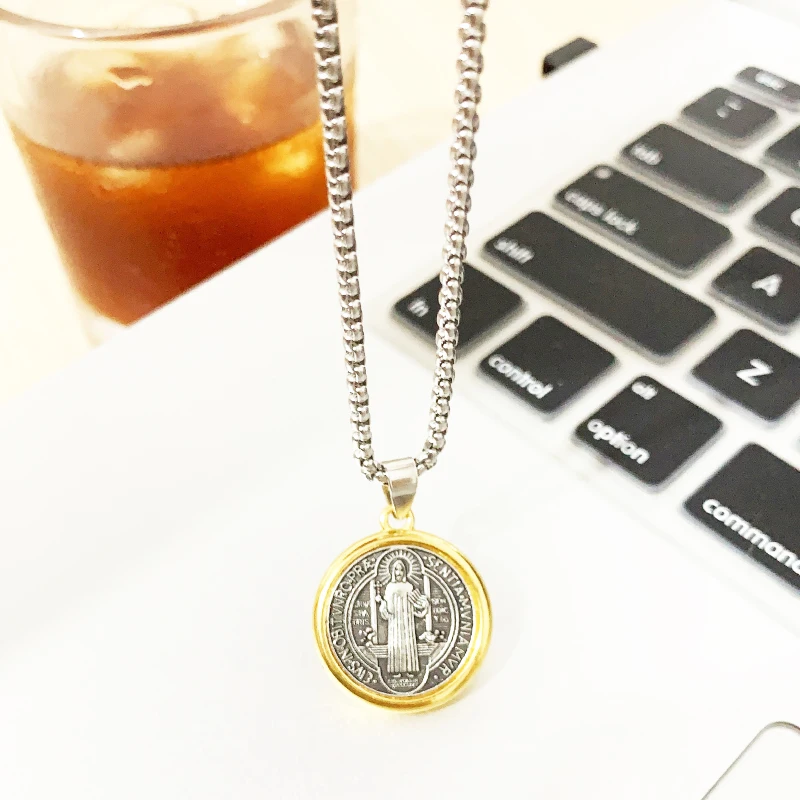 Saint St. Benedict Necklace Stainless Steel 60cm Box Chain San Benito God Pendant Necklace Catholicism For Men