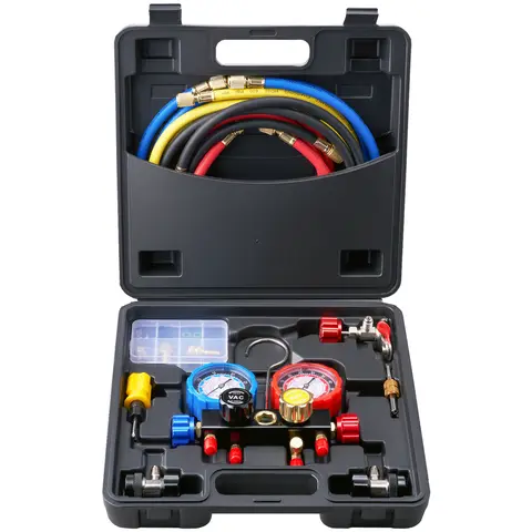 4 Way AC Gauge - AC Manifold Gauge Set for R134A R22 R12 R410A Refrigerant, Freon Gauges with 5ft Hoses, Couplers, Can Tap Works on Car Auto Freon Charging and Evacuation