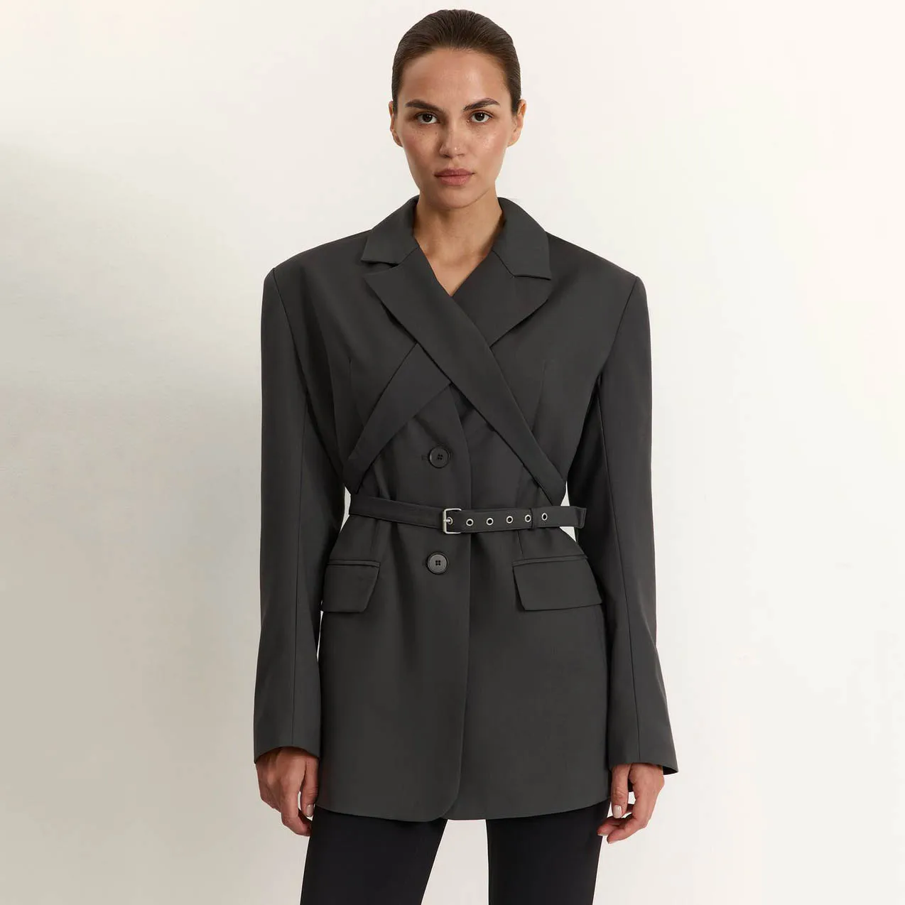 RU Lapel Blazer Jacket Cross Strap Detail Belted Waist Slim Suit Coat Elegant Autumn Winter Office Commuter Outerwear