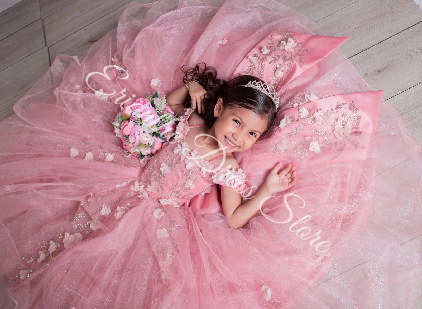 Sparkling Pink Flower Girl Dress For Wedding Lace Tulle Puffy Applique Kids Birthday Party First Communion Ball Gowns Customized