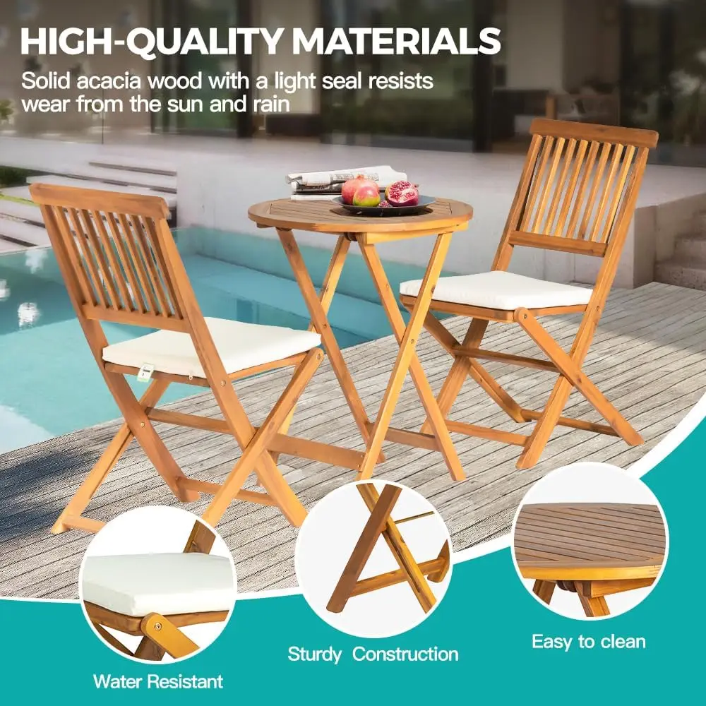 3PCS Patio Bistro Set Acacia Wood Folding Table Chairs with Cushions for Outdoor Garden Deck, Yard