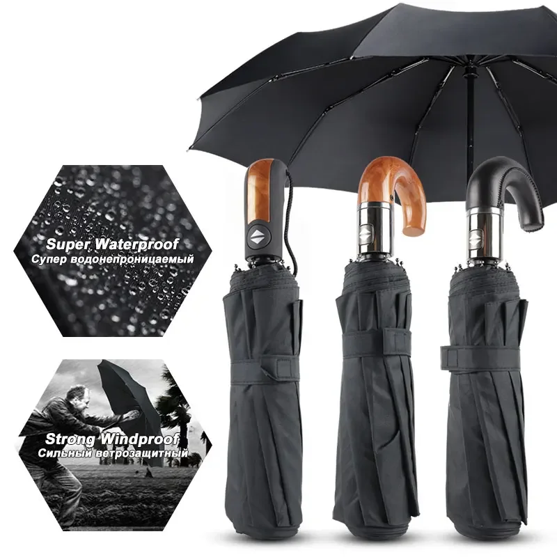 

Wind Resistant Large Automatic Umbrella Rain Women Leather Wood Handle Business British Style Umbrella Men's Gift 3Fold Umbrella