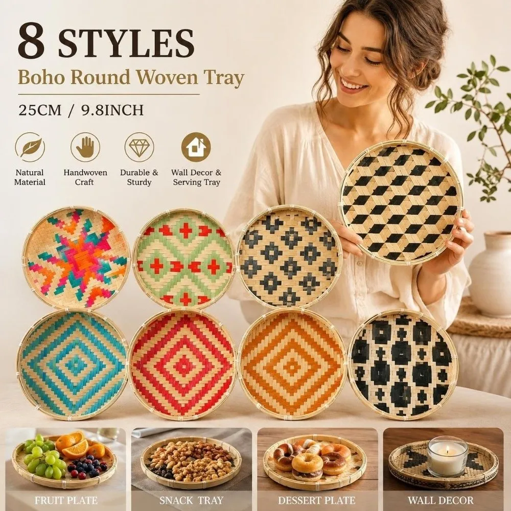 Handwoven Bamboo Winnowing Tray Colorful Bohemian Bamboo Woven Dustpan Plate Storage Basket Wall Decor Bamboo Woven Sieve