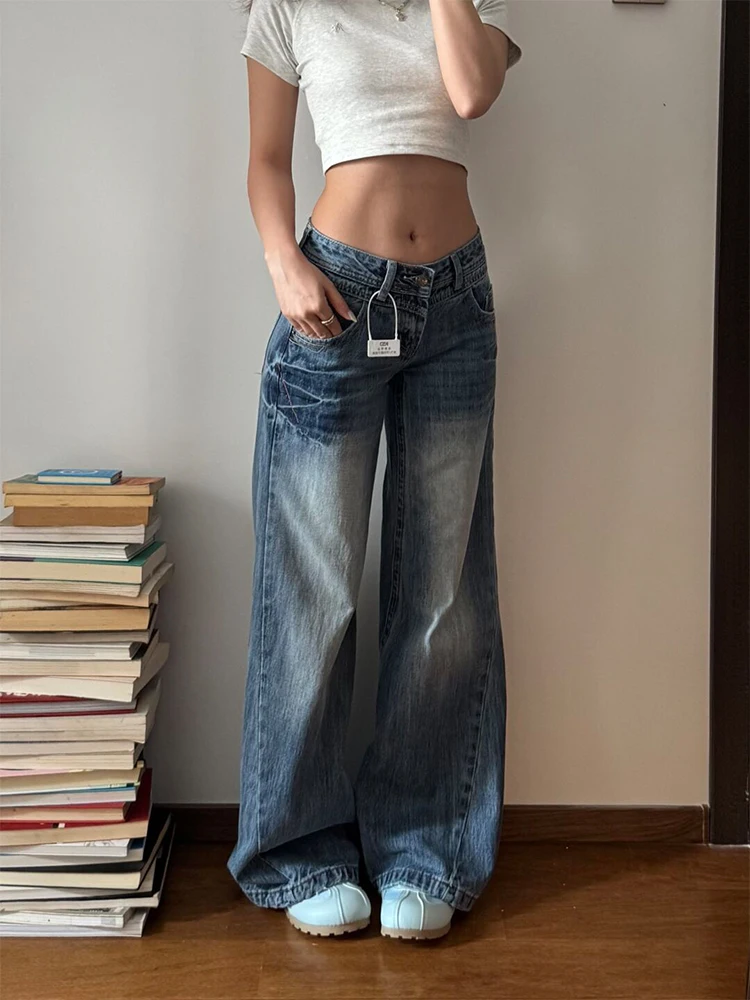 Retro High Street Washed Blue Micro Flare Denim Jeans Women's Spring Autumn New American Lightning Pattern Straight Leg Pants
