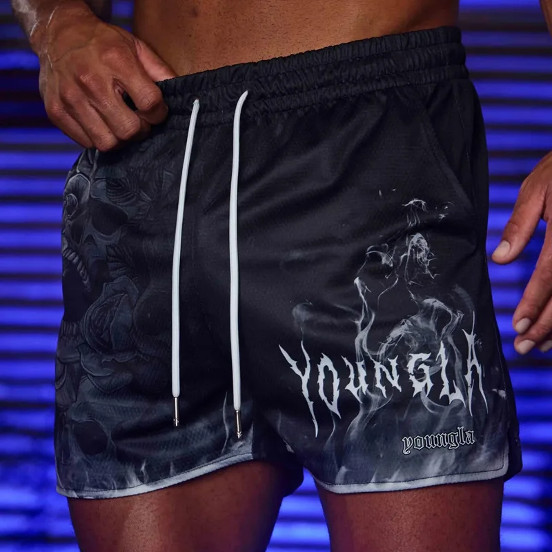 American Quadruple Sports Fitness Men\'s Shorts Cool Skull 3D Print Mesh Quick Dry Breathable Summer Running Beach Tracks