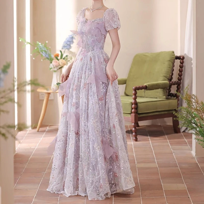 

Purple Ball Gown Princess Dress 2025 New Style Puffy Sleeve Tulle Skirt Birthday Party Annual Meeting Mini Dress