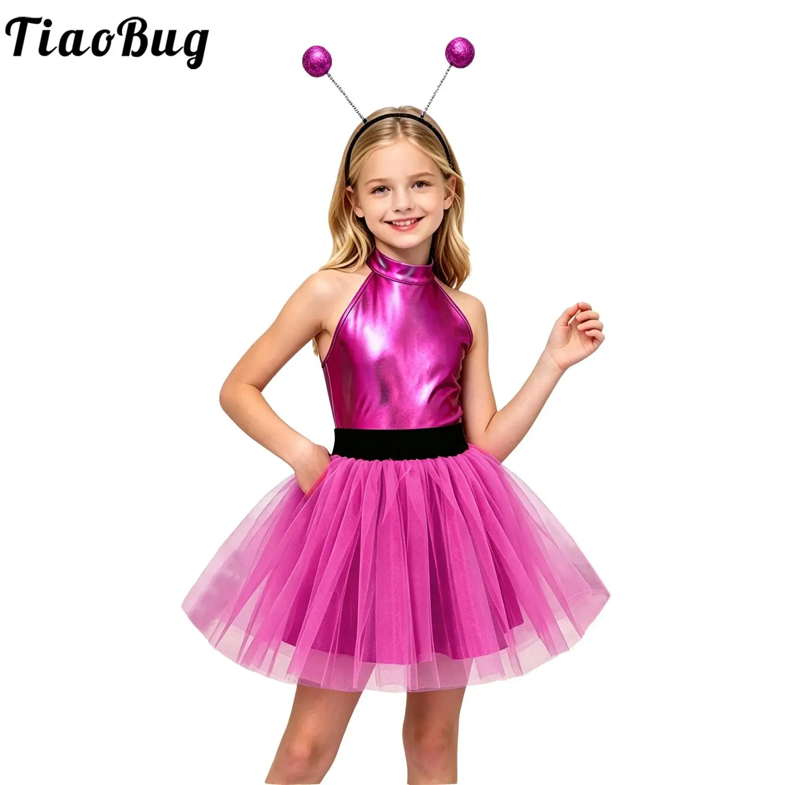 Girls Halloween Alien Cosplay Costume Halter Sleeveless Layered Ruffled Tulle Dress with Hair Hoop for Outer Space Themed Party