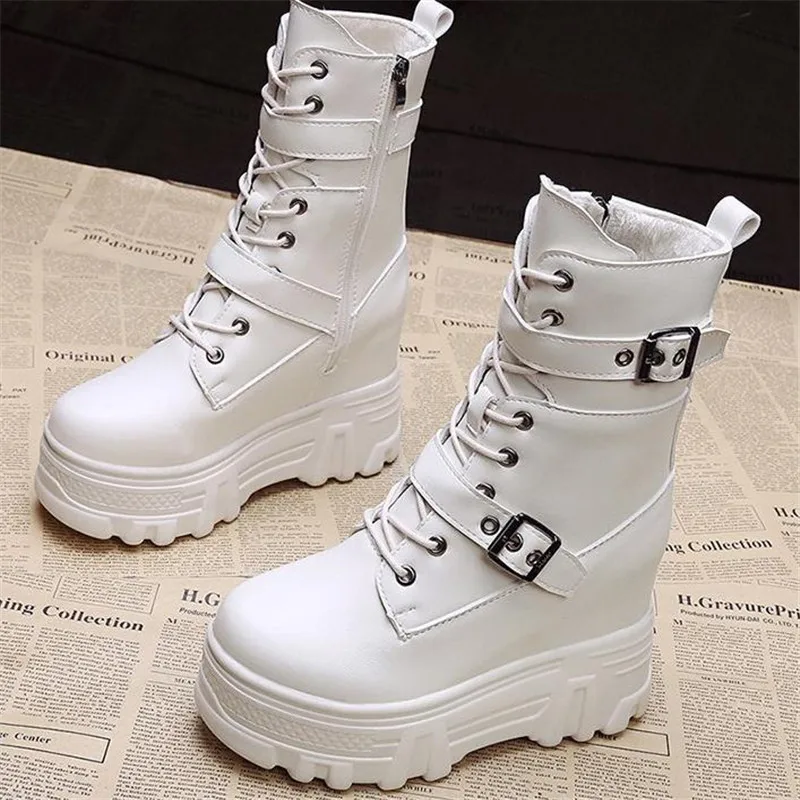 10cm  Women Leather Platform new Chain Ankle Boots Winter Gothic Style Shoes Metal Motorcycle Boots Round Toe Chunky Punk Boots