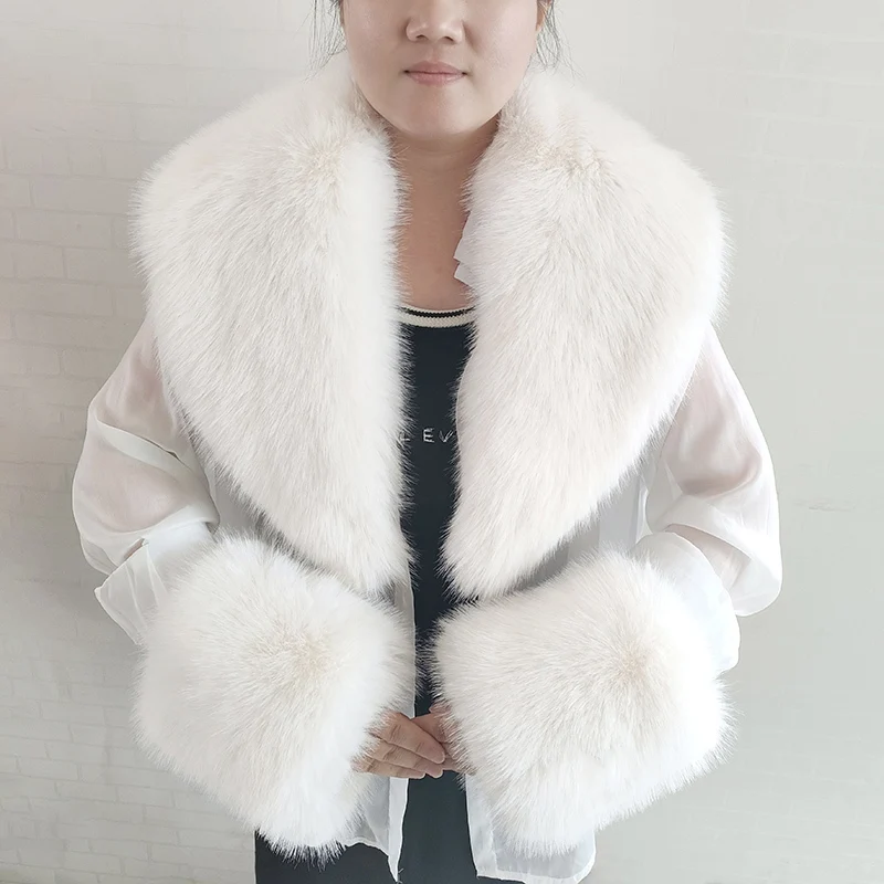 Large Winter Faux Fox Fur Scarf Women Jackets Warm Fluffy Shawl Fashion Artificial Fur Collar And Cuff Set Fluffy Scarves Female