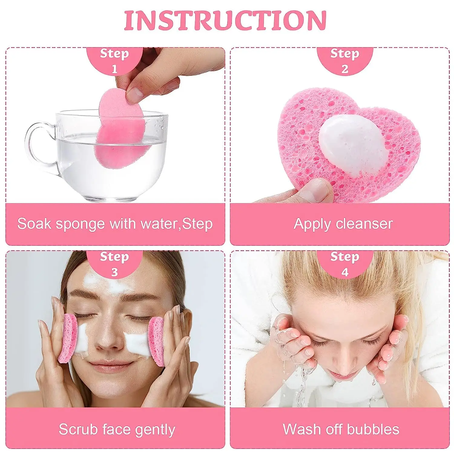 5Pcs Heart Shaped Cleansing Sponge Cellulose Compress Puff Wood Pulp Exfoliator Soft Face Wash Pad Cleanup Skin Care Makeup Tool