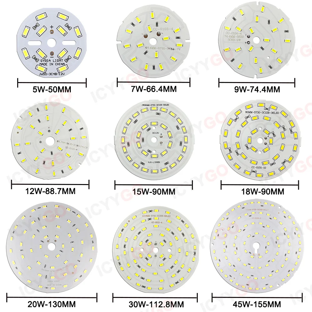 DC12V 3W 5W 7W 9W 12W 15W 18W 24W 30W 45W SMD5730 LED Bulb Light Source, PCB Aluminum Substrate, DIY Downlight 90MM 130MM