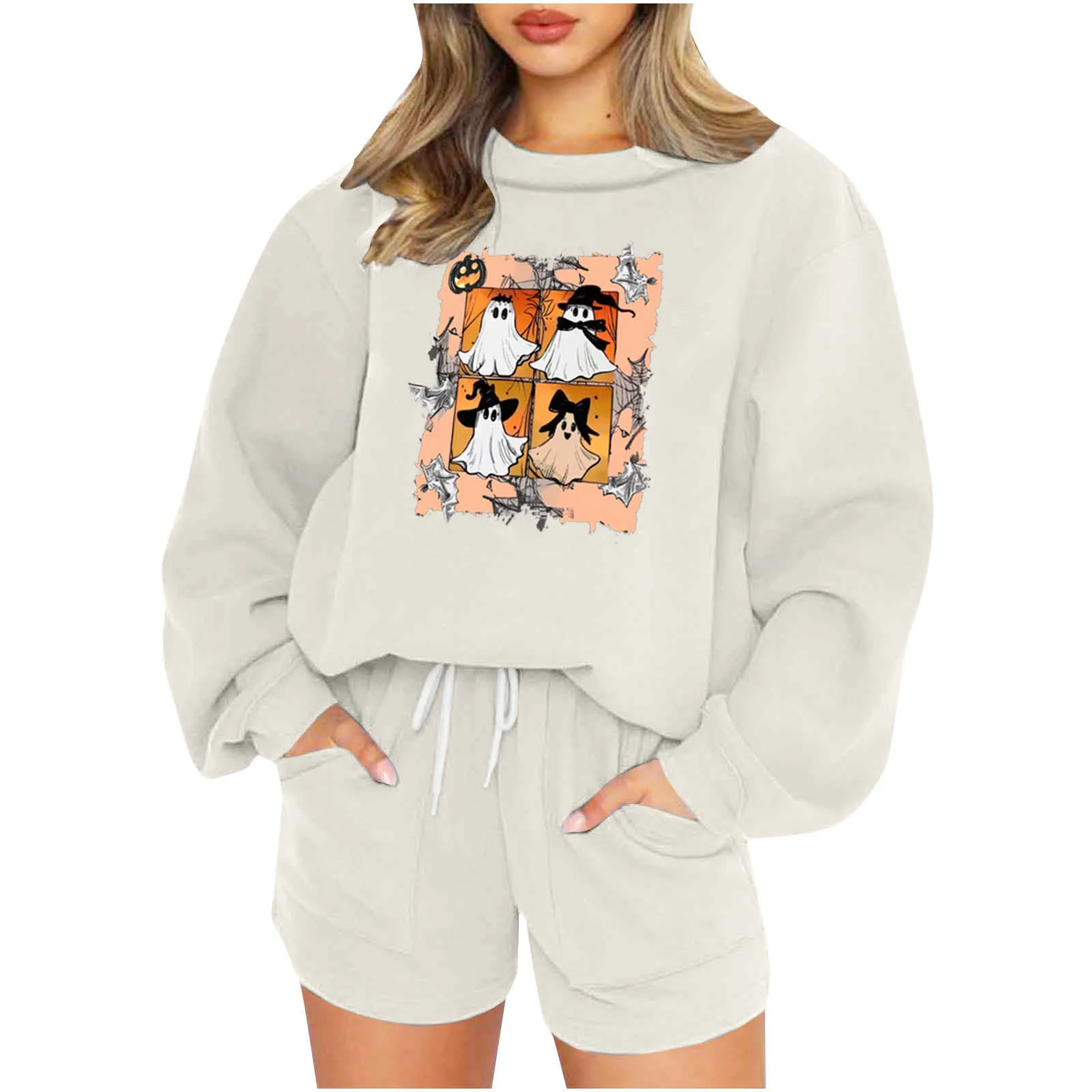 

Cute Trend Halloween Style Print Two Piece Set Women Pullover Sweatshirt Pocket Drawstring Shorts 2 Piece Sets Halloween Outfits