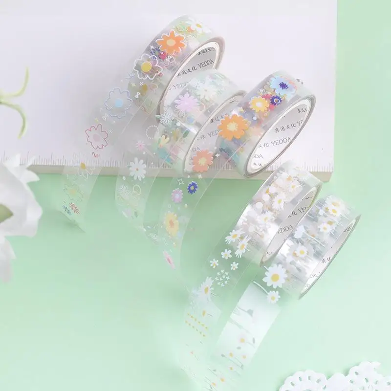 Transparent PET Self-Adhesive Waterproof Daisy Pattern Decorative DIY Masking Tape, 5Rolls
