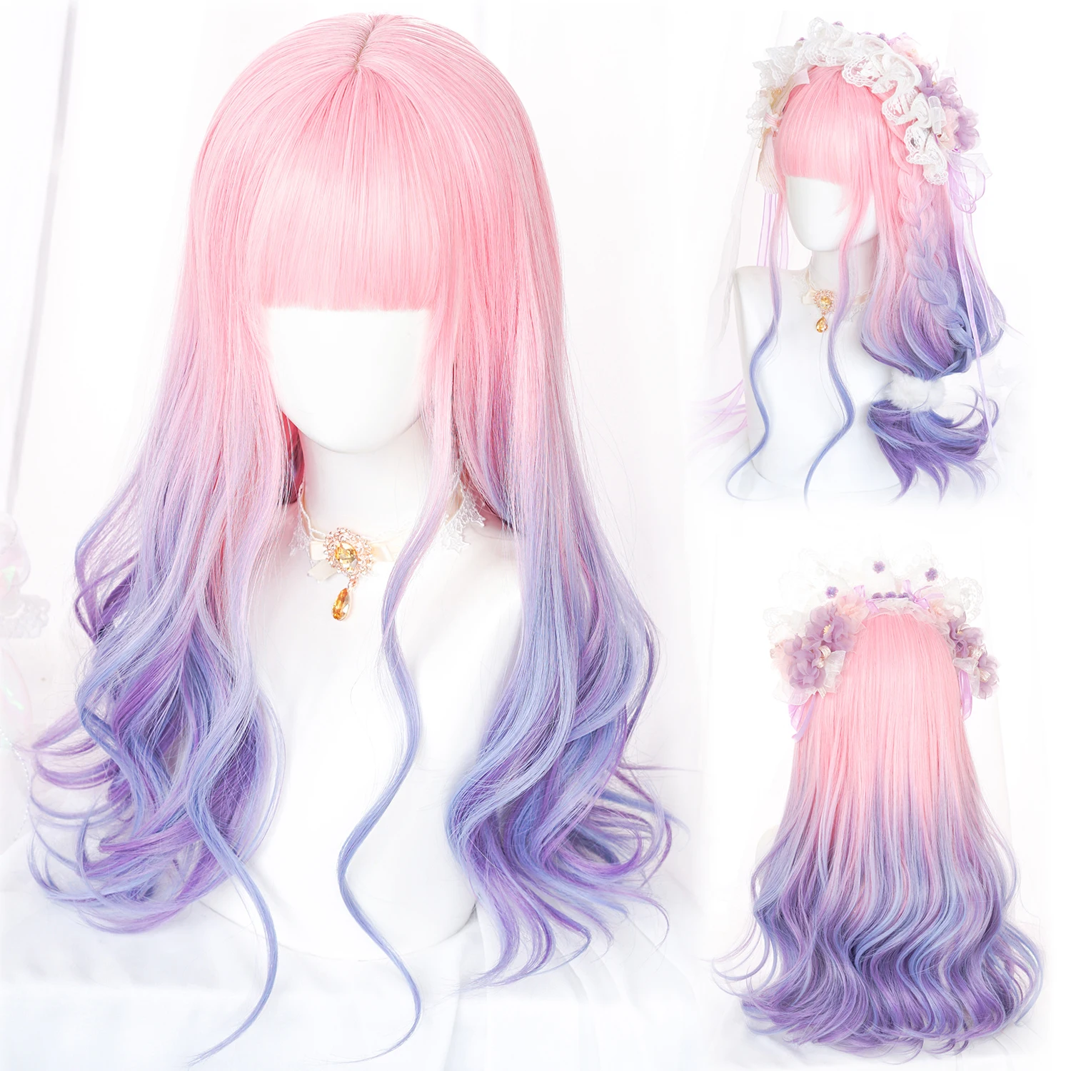 RANYU Synthetic Long Straight and Curly Lolita Anime Wig Colorful Cosplay Wigs for Women Halloween Hair