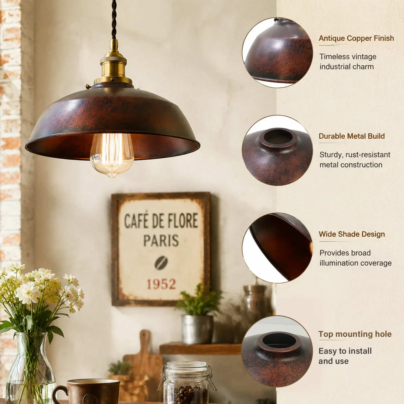 Distressed Copper Dome Iron Lampshade, Retro Light Cover for Loft Bar Hallway Pendant Lamp, Vintage Industrial Home Decor