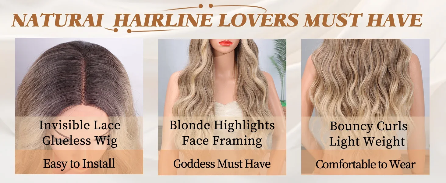 Cosplay Blonde Damenperücken Ombre Blonde Lockige Perücke im Ausverkauf Leimlose Rosa Schwarz Lila Perücke Damen Synthetische Wigund – Detail 8