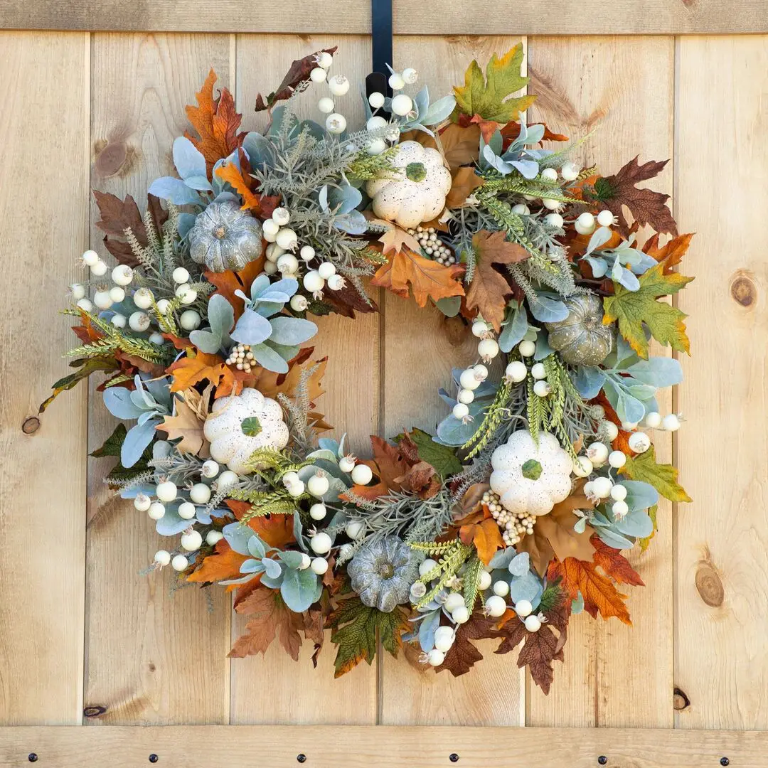 Autumn White Pumpkin Wreath Thanksgiving Decoration Maple Leaf Wreath For Front Door Hanging Indoor Outdoor Wall Home Decor