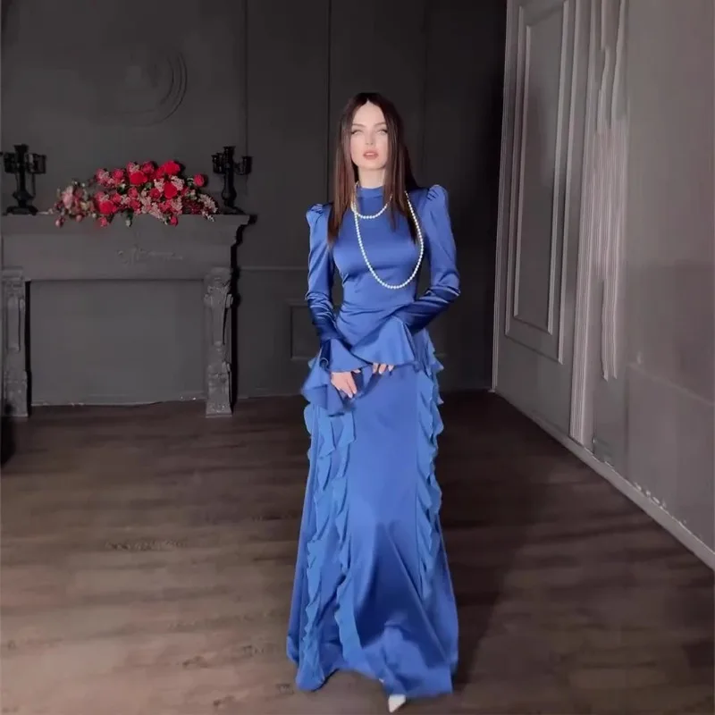 Chiffon Splicing Satin Solid Long Dresses Spring Women Long Sleeve Half High Collar Dress Autumn High Waist Floor Length Dress