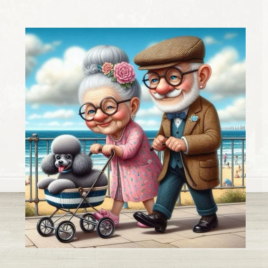 Cartoon Happy Old Couple 5D Full Round Diamond Painting Kits, Cute Grandma And Grandpa DIY Drills Mosaic Embroidery Cross-stitch