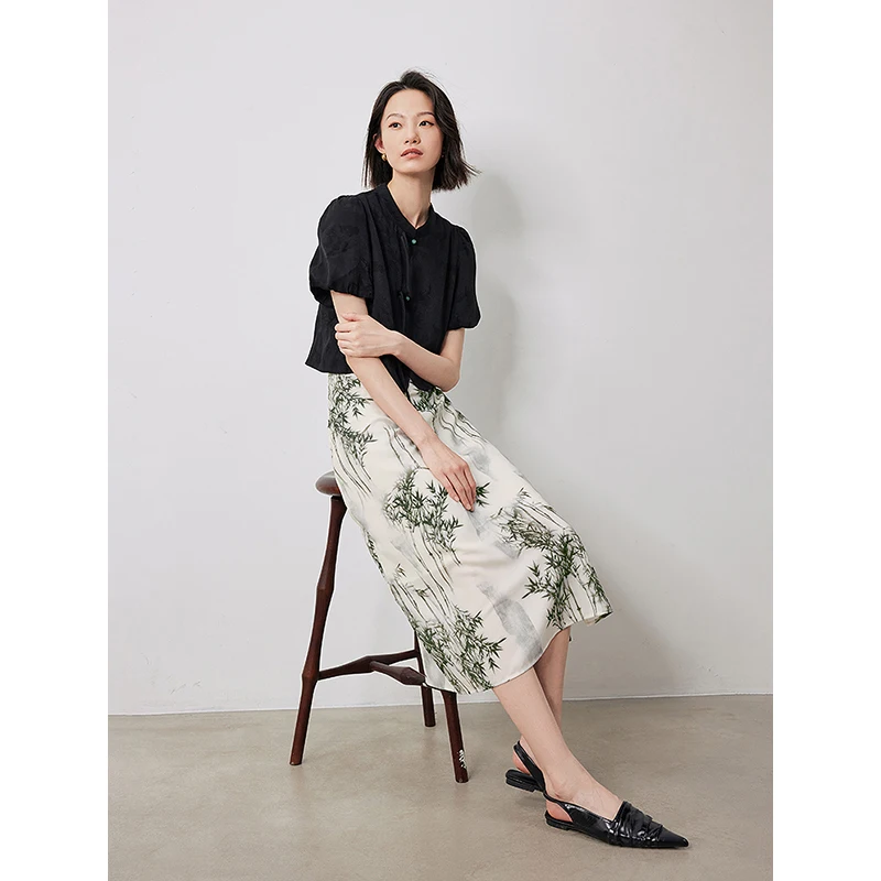 TOYOUTH Women Two Piece Sets 2024 Summer New Chinese Style Black Pullover Tops With Bamboo Printed Skirt Elegant Chinese Clothes