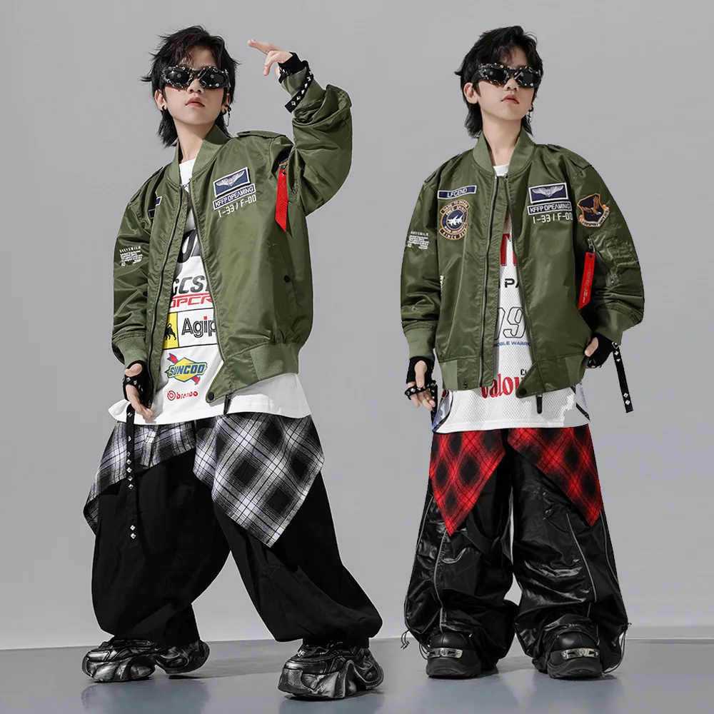 Children Boys Girls Streetwear Hip Hop Loose Embroidered Bomber Jacket Pant Sets Kids Spring Autumn Coat Trousers Tracksuits