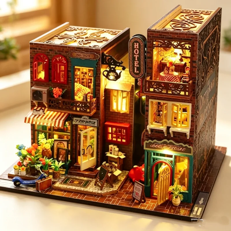 DIY Wooden Shop Art House With Lights 3D Simulation Hotel Model Handcrafted Ability Toys Home Furniture Ornament Christmas Gifts