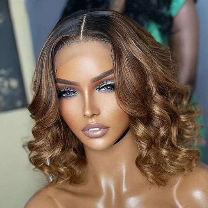 

Glueless Soft 16inch Ombre Blonde Short Cut Bob Deep Wave Curly Deep Lace Front Wig For Black Women BabyHair Prepluecked Daily