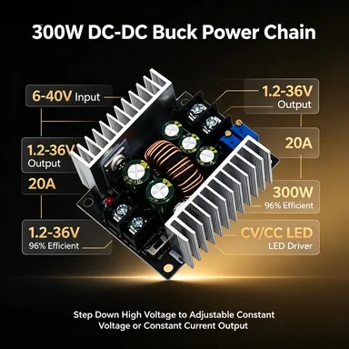 300W 20A Step Down Module 6-40V to 1.2-36V, Constant Current LED Driver, Dual MOSFET 75V/80A