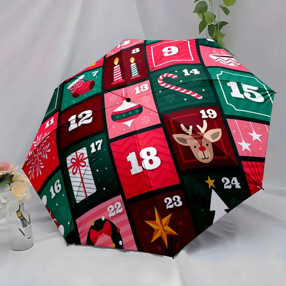 1PC Christmas-themed calendar umbrella with decorative numbers Print 8 Iron Ribs Folding Umbrella Auto-Open Fashion Sunshade