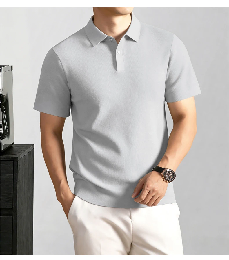 Modisches, einfarbiges Kurzarm-Poloshirt aus luxuriöser atmungsaktiver Eisseide für Herren Sommer Business Casual, bequem, vielseitig, T-Shirt – Detail 6
