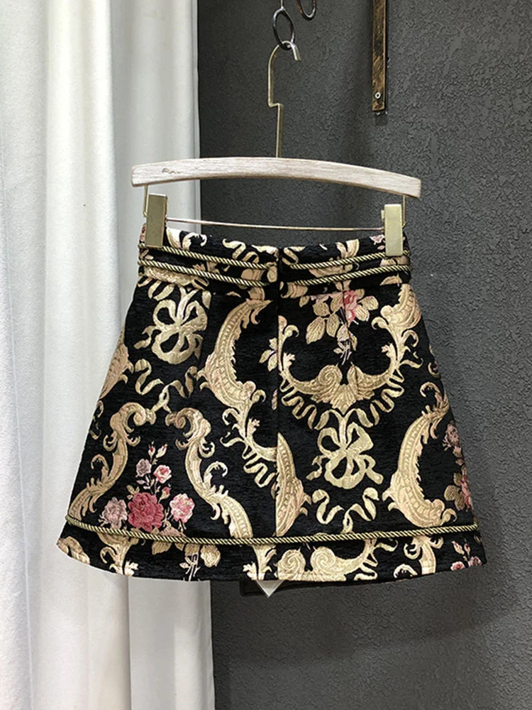 DEAT Vintage Flower Jacquard Designer Skirt Women's High Waist Fake Two Patchwork A-line Skirts Female 2024 Summer New 11XX2206