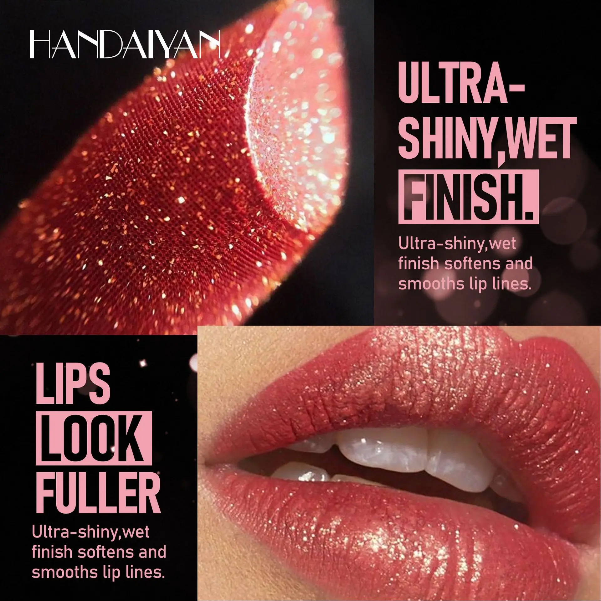 handaiyan 8 colors moisturizing and long-lasting embossed silk screen fine glitter lips translucent glass lip glitter lip gloss