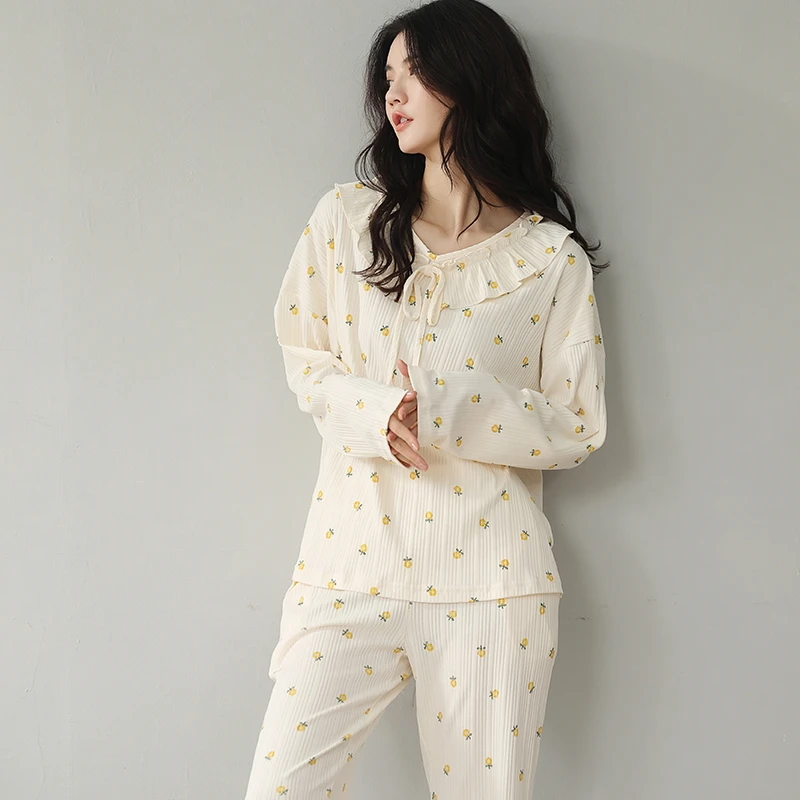 Conjuntos de pijama feminino elegante com decote em v estilo japonês estudantes primavera homewear casual simples floral cintura elástica manga longa popular