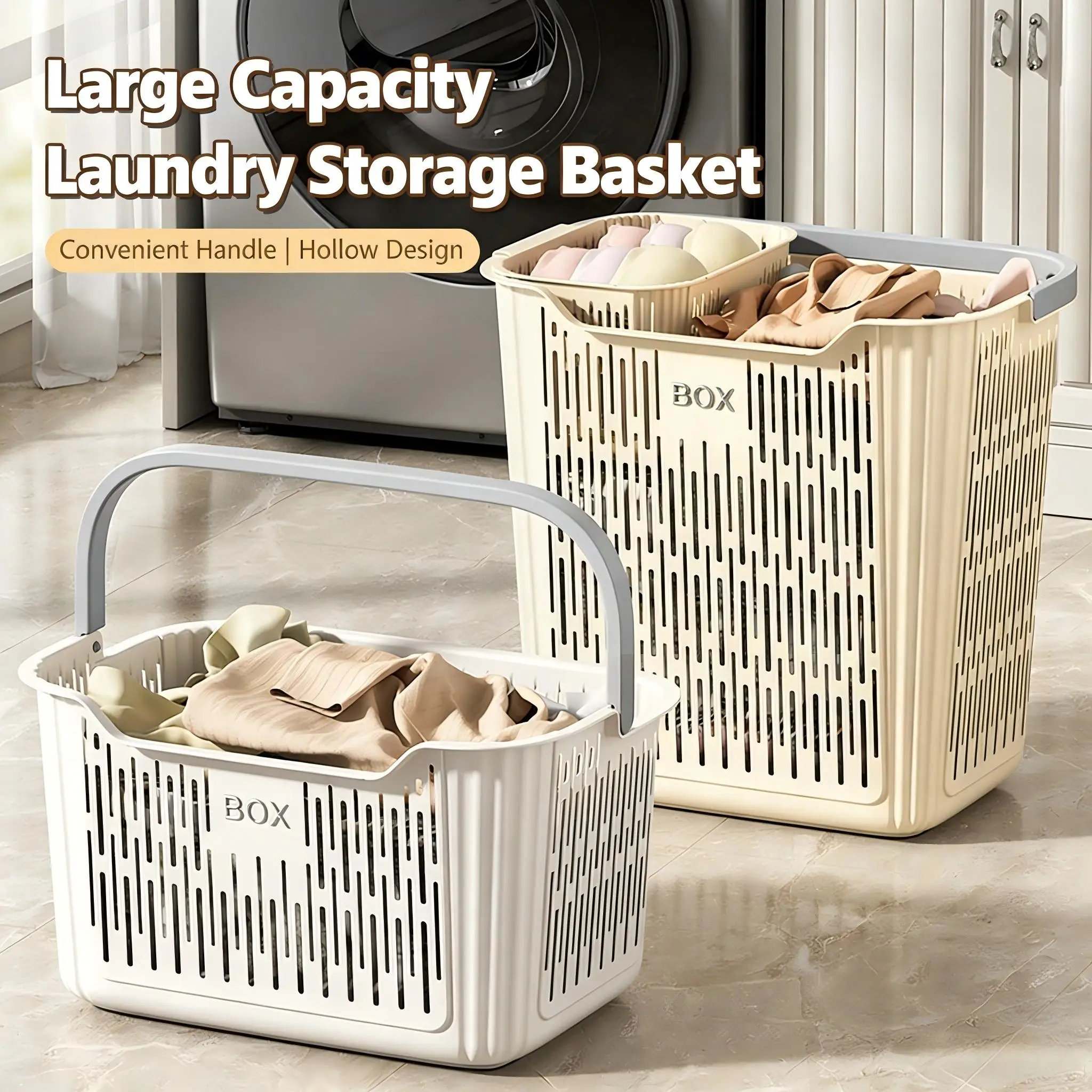Breathable Laundry Basket Household Storage Hamper for Bathroom Bedroom Dorm Organizer Cream Light Gray White