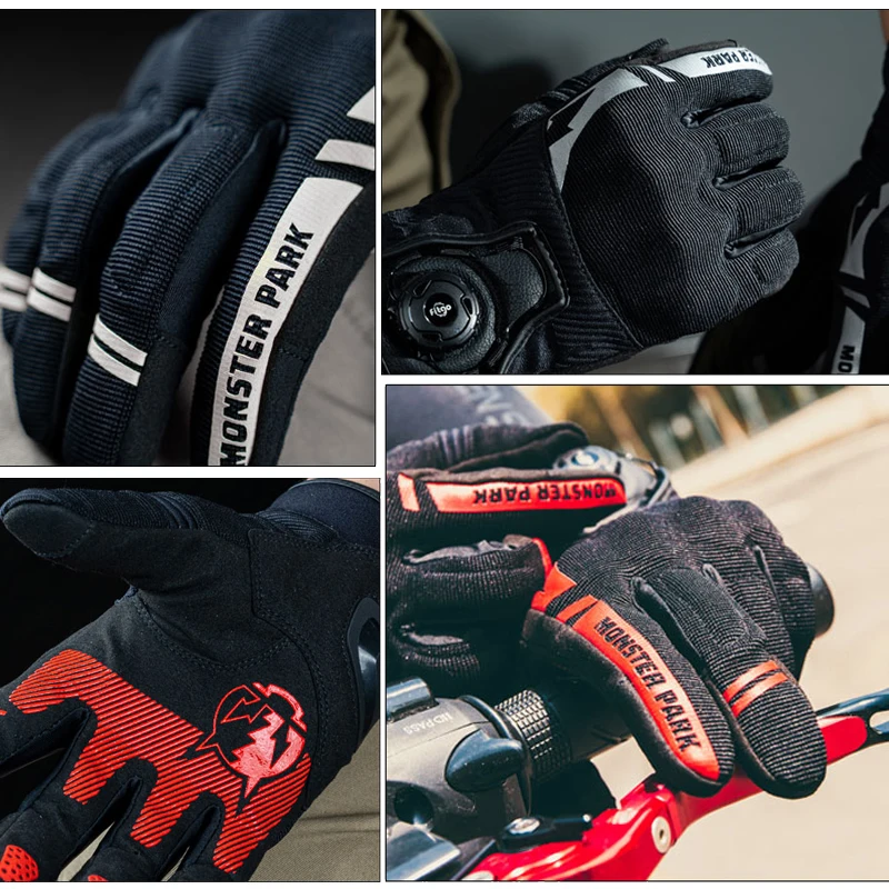 MONSTER PARK-Gants de moto respirants pour hommes, bouton réglable, doigt complet, écran tactile, anti-choc, équitation