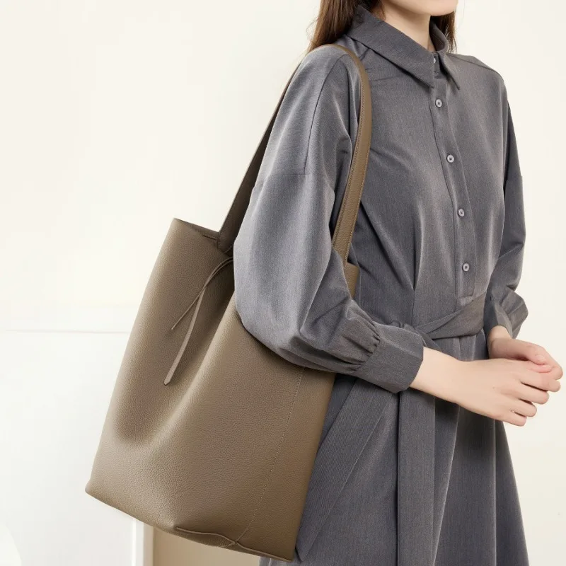 Zency Genuine Leather Large Tote Bag For Women High Capacity Bucket Bags Leisure String Composite Bags For Work Shopper