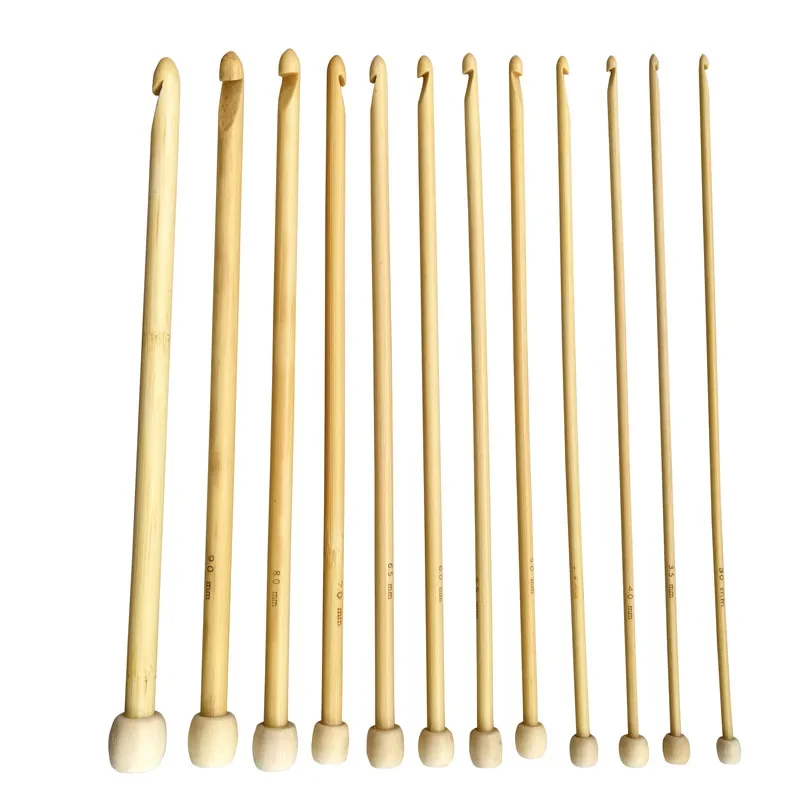 12 PCs/Set Natural Bamboo Tunisian Crochet Hooks Single Pointed Afghan Knitting Needles 3-10 Mm Size