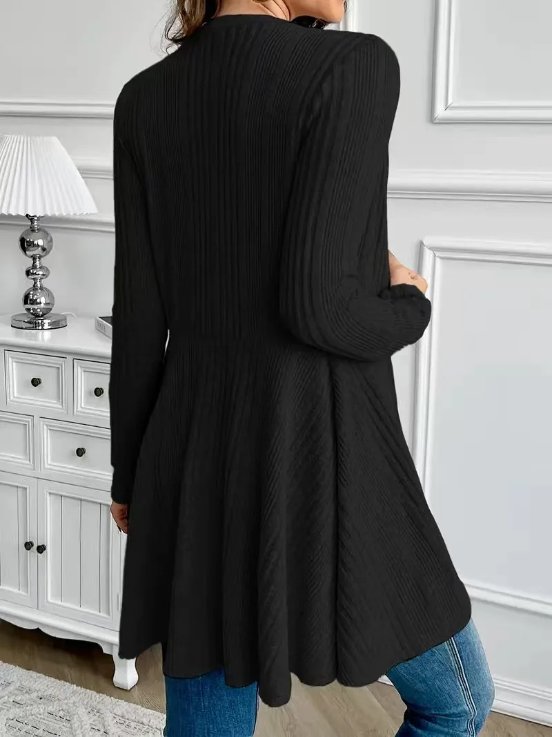 Schwarzer gerippter Strick-Cardigan für Damen, vorne offen, langärmlig, A-Linie, mittellang, lässige, lockere Oberbekleidung für Frühling und Herbst – Detail 3