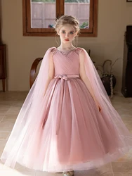 Elegant Long Pink Gauze Dress for Young Girls Suitable Flower Girl Dress for Weddings Birthday Party Gown