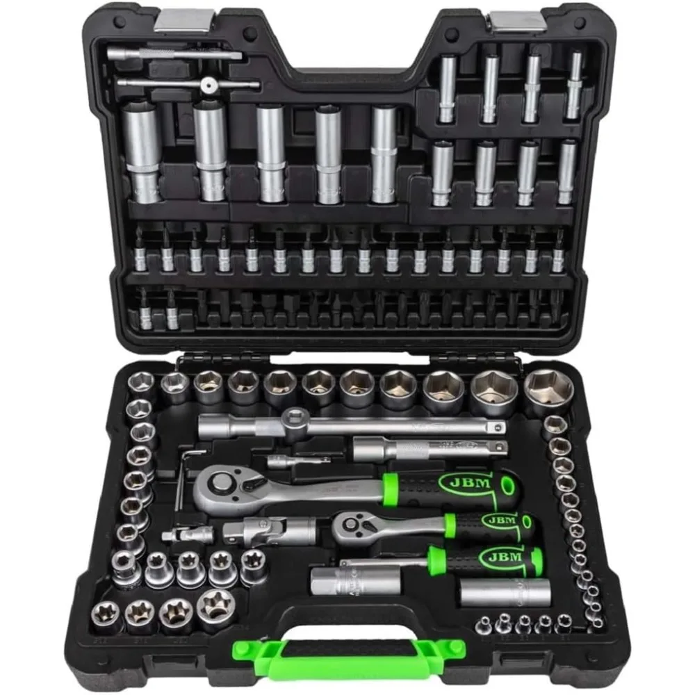 ‌ JBM 108-Piece حافظة أدوات احترافية مع مفاتيح سداسية من الساتان مجموعة كاملة متري/SAE للميكانيكا وصندوق تخزين متين ذاتي الصنع