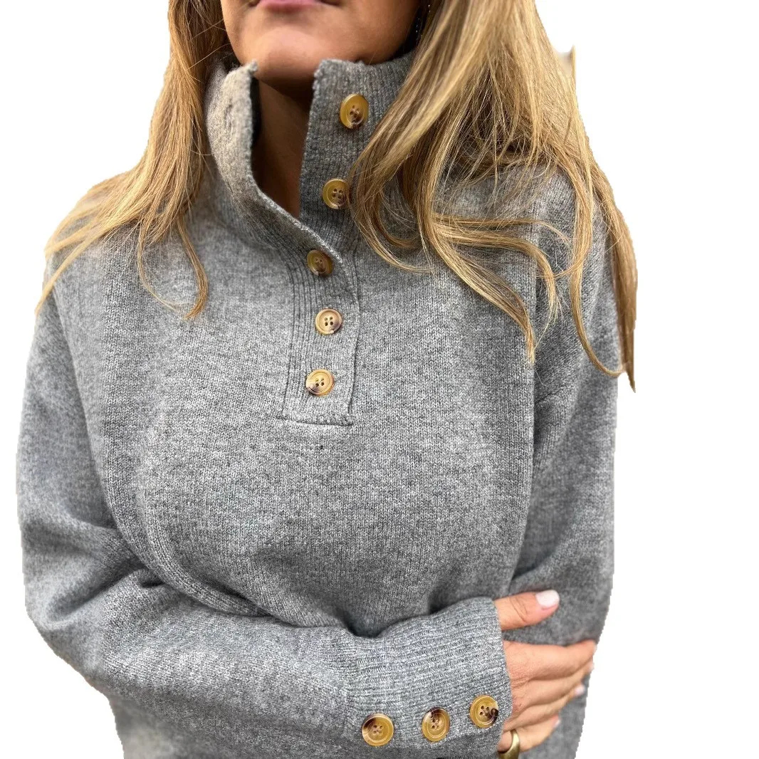2026 Autumn and Winter New Stand-up Neck Knitted Sweater Solid Color Button Casual Loose Sweater Women 5