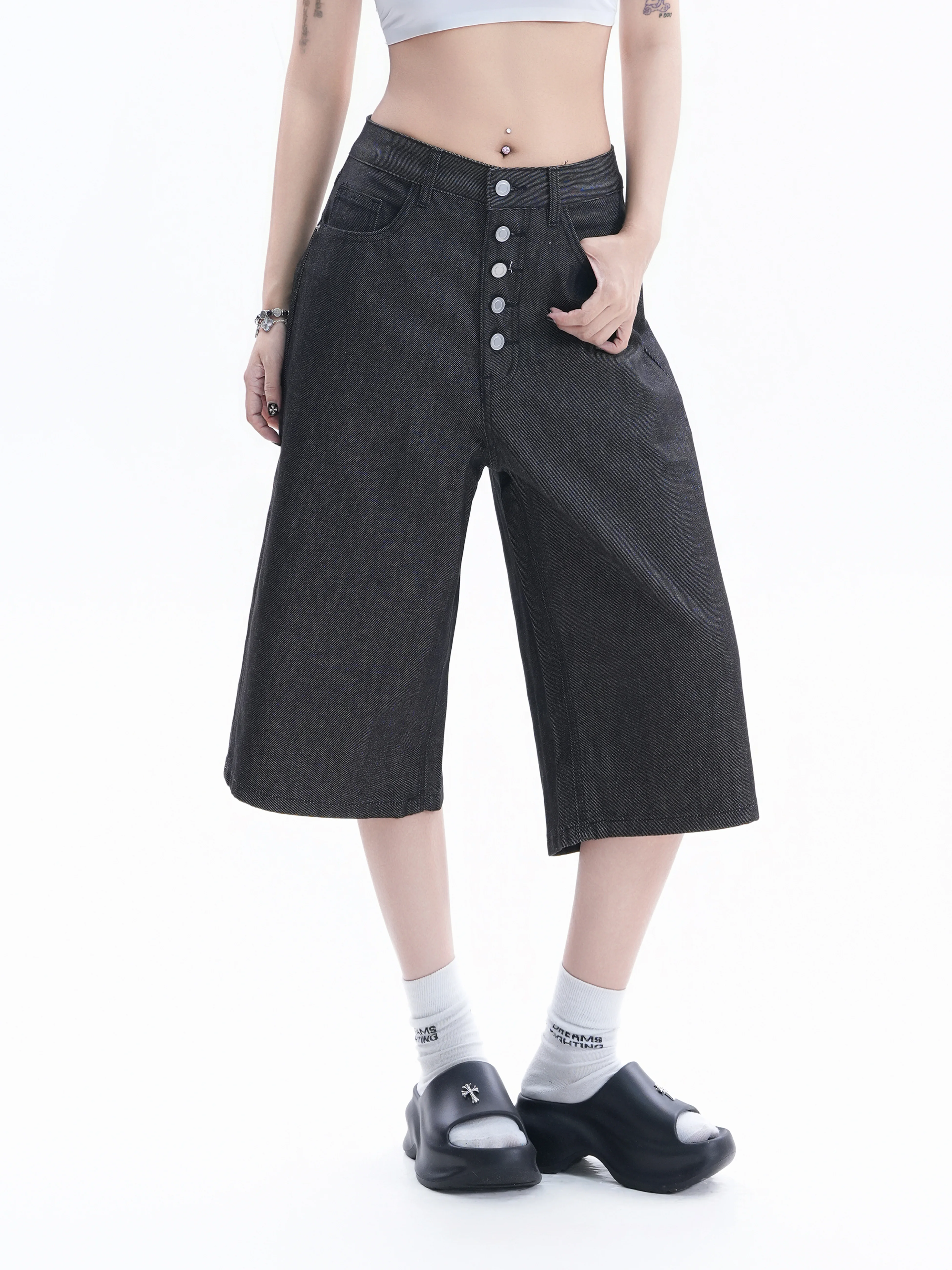 Summer Women's Loose Fit Button up Denim Jeans Mid-Length Pants Versatile Cotton Blend Comfortable Natural Waist Design