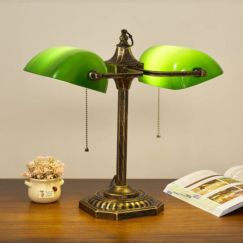 Vintage China Old Shanghai Bank Desk Lamp Green Bedroom Bedside Light Work Study Double Head Table Lamps