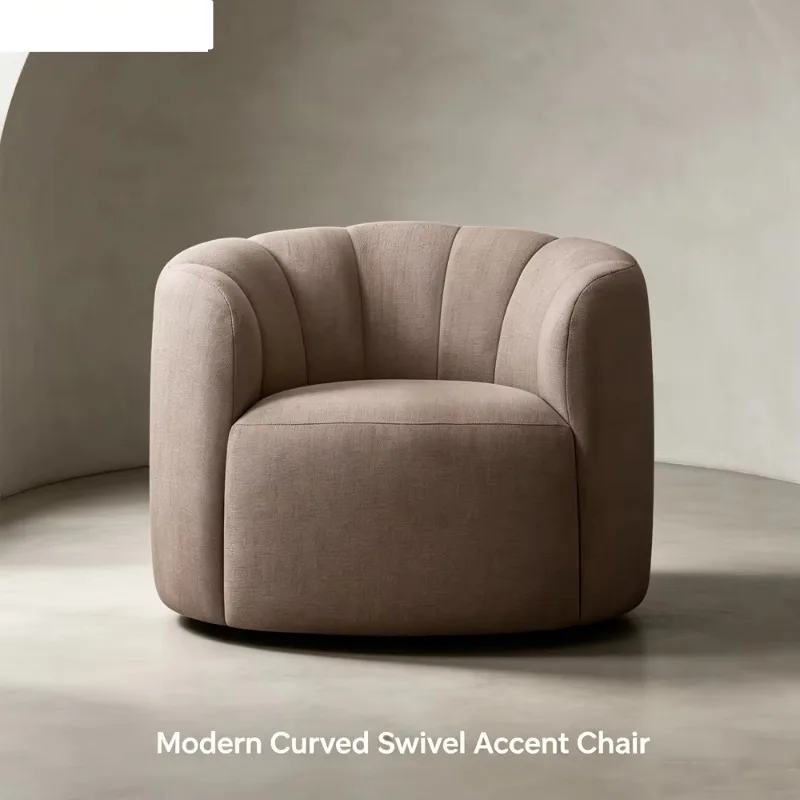 Luxury Curved Silhouette Swivel Single Sofa Chair Vertical Stitching Upholstered Rotatable Fabric Armchair Indoor Furniture