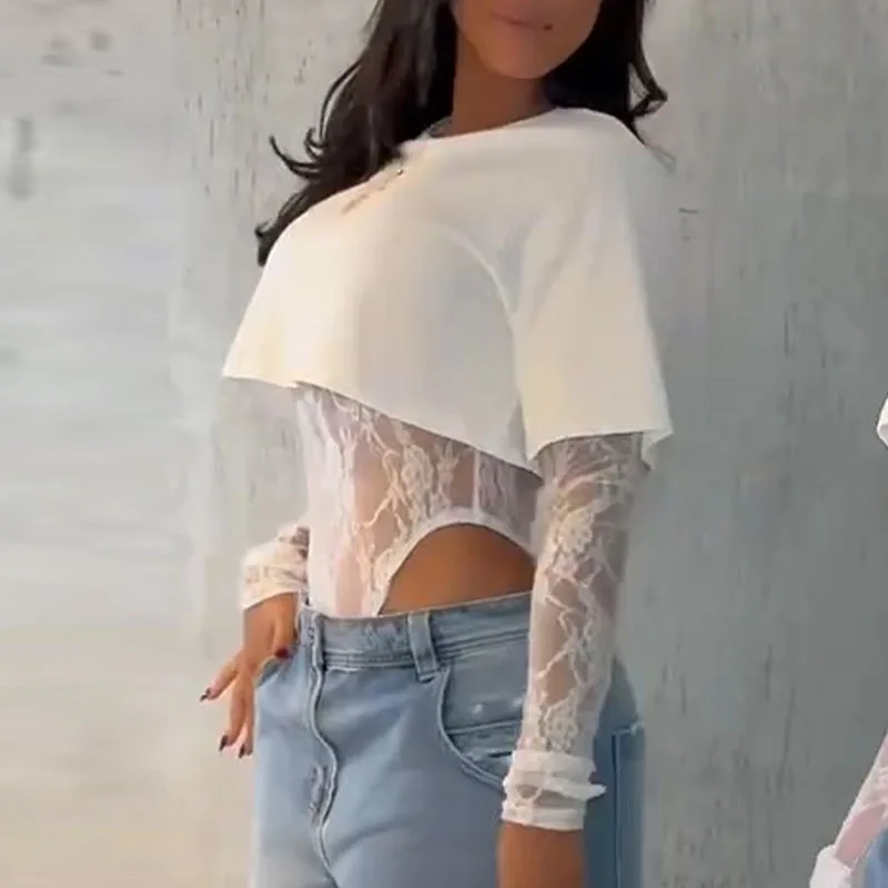 2025年 レディース セクシー シースルー クラブ ロンパース カジュアル 女性用 Oネック 長袖 秋 ジャンプスーツ レース パッチワーク Tシャツ スリムフィット プレイスーツ