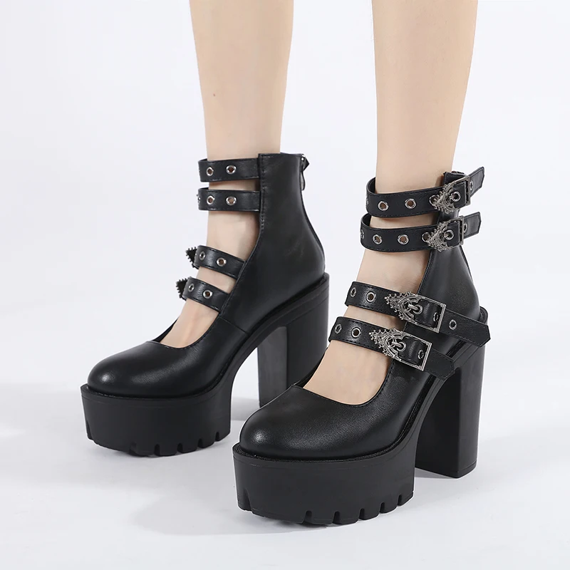 

Gdgydh Goth Style Women Block Heels for Halloween Fashion Buckle Strap Dress Pumps Platform Mary Jane Shoes Stylish Back Zipper