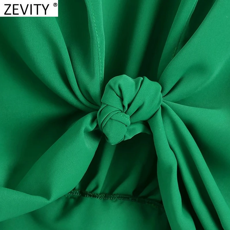 Zevity Women Fashion Turn Down Collar Knotted Green Color Short Smock Blouse Female Long Sleeve Slim Shirt Chic Crop Tops LS9465