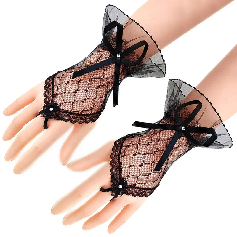 

White Black Red Bride Party Gloves Fishnet Fingerless Sexy Lace Short Bow For Women Wedding Accessories